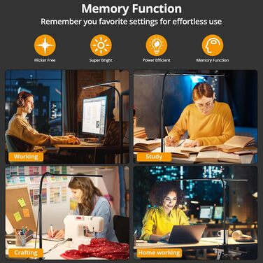 LED лампа настільна з двома головками, регулювання яскравості, 960 люмен, захист очей, 5 кольорів, 10 рівнів яскравості, для офісу та дому, чорна, 61 см