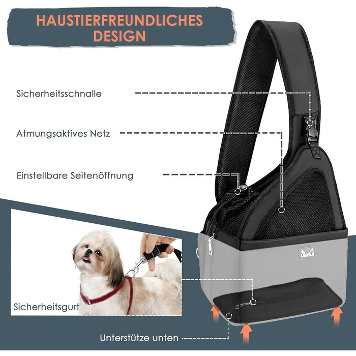 Dog-friendly sling carriers, hands-free travel bag for small pets with adjustable straps, hardboard base, safety belt, for dogs up to 2.8kg, wider version (L (For pets under 5.5kg), Black)