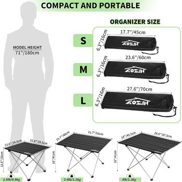 Складний кемпінговий стіл алюмінієвий портативний для пікніка та пляжу, чорний (S)