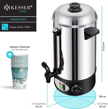 KESSER® Mulled Wine Boiler 8L Stainless Steel Incl. 10x Cups Mulled Wine Cooker with Thermostat Mulled Wine Dispenser Hot Beverage Dispenser Water Boiler Hot Water Dispenser Canning Machine Level Indicator Tap Black (20 Liter / Silver)
