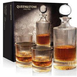 Ribbed Whiskey Decanter Set with 2 Glasses - 765ml Scotch & Whiskey Decanter Gift Set for Men & Women