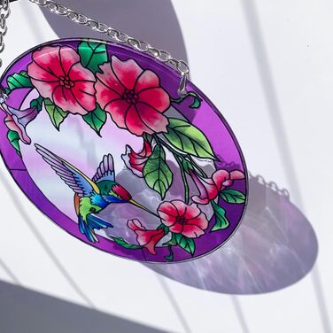 Stained Glass Window Hanging, Hummingbird Gifts for Women, Bird and Flower Window Sun Catcher, 6 inches, Purple Sun Catcher, Hand-Painted Glass for Bird Lovers (6 inches)