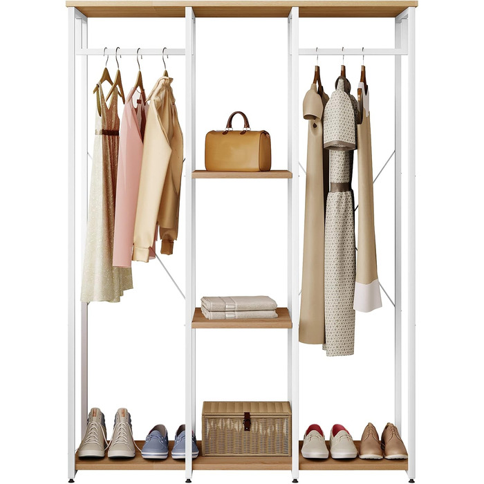 WOLTU XXXL Clothes Rack Freestanding with Shelf Laundry Rack Wardrobe Open Clothes Rail with Shoe Shelf for Bedroom, Wood and Steel, Black + Light Oak (White+light Oak)
