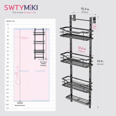 Підвісна полиця для душу SWTYMIKI (4 яруси, чорна) — Регульована органайзер-стійка з нержавіючої сталі без свердління для скляних дверей, з гачками та тримачем для мила