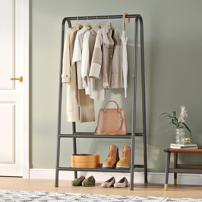 Robust metal clothes rack with double shelves for hanging clothes, freestanding and portable metal clothes rack, 62 L x 35 W x 157.5 H cm space-saving design, Gold (Black)