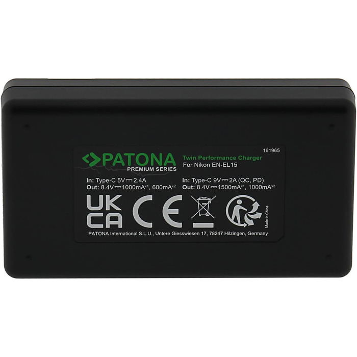 Акумулятор PATONA 2x Protect EN-EL15c 2600mAh + USB-C PD Зарядний пристрій 1500mA для Nikon Z5 Z6 II/III Z7 II Z8 Zf D850 D7500