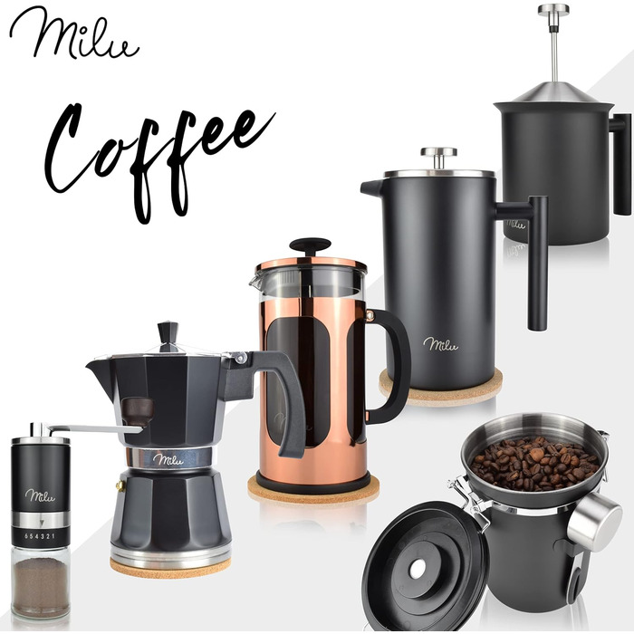 Milu French Press Coffee Maker | 350ml, 600ml, 1L | Stainless Steel Coffee Press, Coffee Maker for Home, Travel, Camping including Coaster, Spoon, Replacement Filters (Black, 1000ml (5 Cups) Black 1000ml (5 Cups)