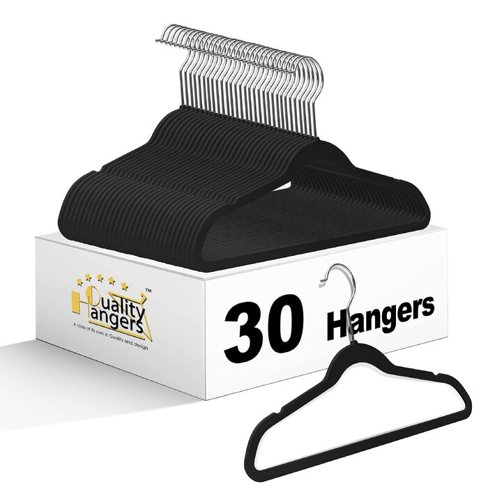 Дитячі пластикові вішалки для одягу Quality Hangers, тонкі компактні плічка з поворотним гачком для сорочок та піджаків, чорні, 35 см, 30 шт.