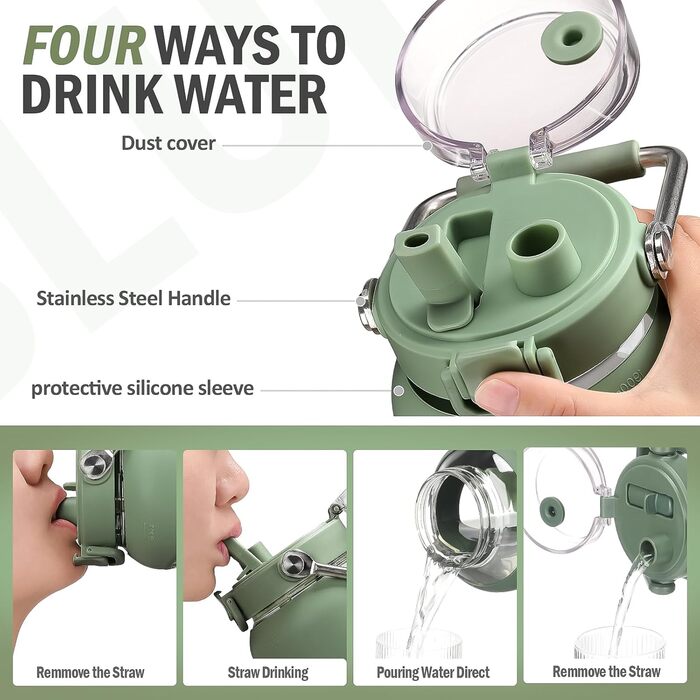 BLUEGO 2500ml Glass Drinking Bottle with Stainless Steel Handle, 2.5L Large Water Bottle with Time Markers and Silicone Sleeve, Half Gallon Water Jug BPA-Free for Sports, Daily Use, Light Green (Olive)