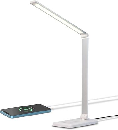 LED лампа для столу LQWELL® з регулюванням яскравості, метал, 5 кольорів, 10 рівнів, USB-зарядка, сенсорне керування, пам'ять, для дітей, офісу, білого кольору (QM019)