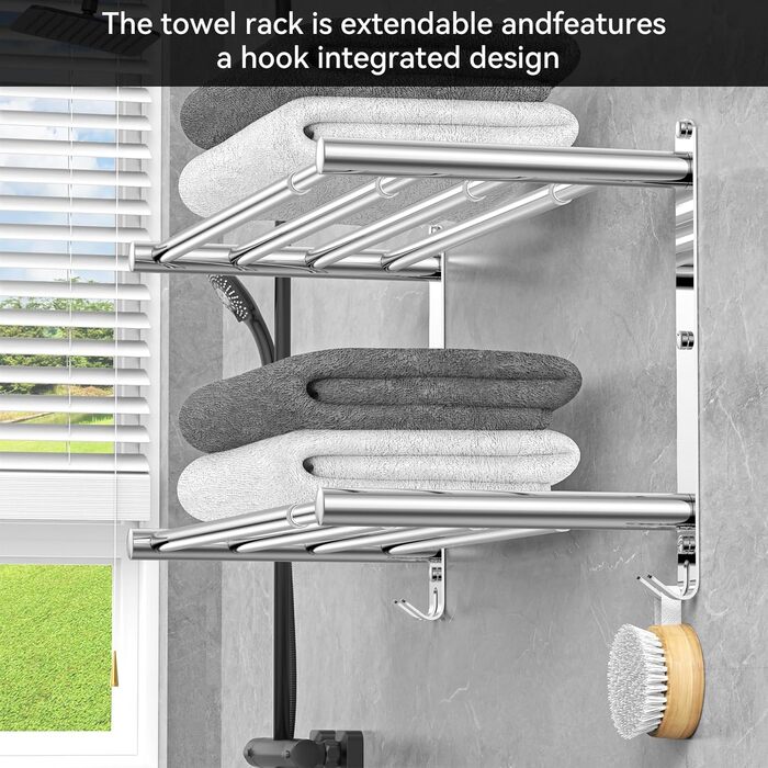 Adjustable 17-30 Inch Towel Bar for Bathroom Kitchen Towel Holder Dishcloth Hanger SUS304 Stainless Steel Wall Mount No Drill (Double Layer Towel Holder)