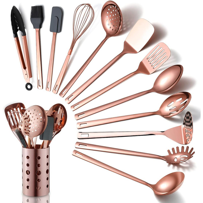 Copper Kitchen Utensils, 13-Piece Stainless Steel Cookware Set with Titanium Rose Gold Coating, Kitchen Utensil Set with Utensil Holder for Non-Stick Cookware (13 Pack)