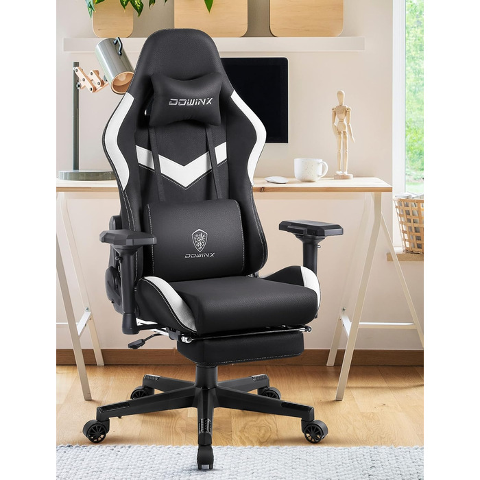 Ігровий крісло Dowinx з тканини - ергономічне крісло для офісу з функцією масажу, підголівником, поперековою подушкою та підставкою для ніг - чорно-біле