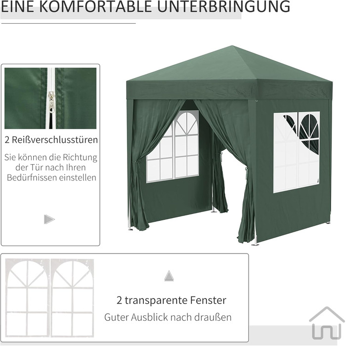 Outsunny 2x2m (6.5x6.5ft) Gazebo, Waterproof, Pop-up Folding Canopy with 4 Side Walls, Drain Holes, Windows, Foldable Party Tent, UV 30+, Garden Tent with Carry Bag, Garden Gazebo for Patio, White (Dark Green)