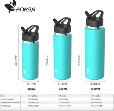 AORIN Stainless Steel Water Bottle, 500ml/750ml/1L Leak-Proof Water Bottle with Straw, BPA-Free Drinking Bottle for Kids, Vacuum-Insulated Thermos for Sports, School, Fitness, Outdoor (1000 ml, Mint)