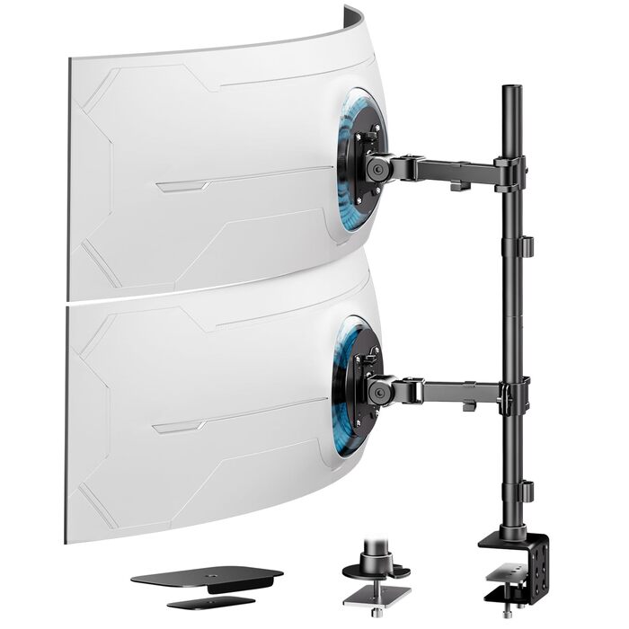 Кронштейн для двох моніторів один над одним, регульований стійка Dual-Arm для плоских та вигнутих екранів 17-49 дюймів, до 20 кг на руку, VESA 75/100 мм, чорний (подовжений варіант)