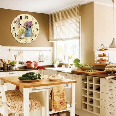 Toudorp Wooden Wall Clock 14 Inch Arabic Numerals Easy to Read Silent Wall Clock Retro Battery Operated Cafe and Flower Pattern Decorative Wall Clock for Bedroom, Living Room, Dining Room
