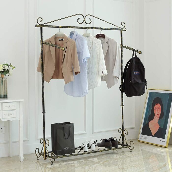 Clothes Rack Clothes Rail Coat Rack with Shoe Storage, Width 136cm, Vintage Style Metal Height Adjustable from 126 to 200 cm (Bronze Black)