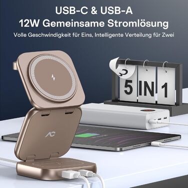 Зарядна станція 5 в 1 для iPhone з підтримкою магнітного зарядного пристрою, складна для подорожей, бездротовий зарядний пристрій для iPhone 17/16/15/14/13/12, AirPods Pro 3, Apple Watch S11/Ultra (Titan Wüstensand), 2026