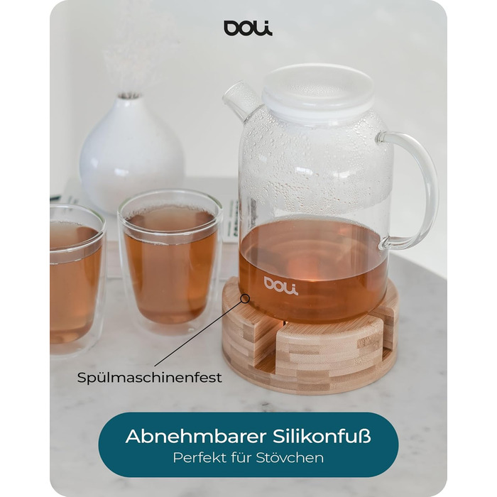 Скляний чайник Doli 1,5 л з сіткою з нержавіючої сталі, чорний — для гарячих та холодних напоїв, підходить для посудомийки, BPA-free