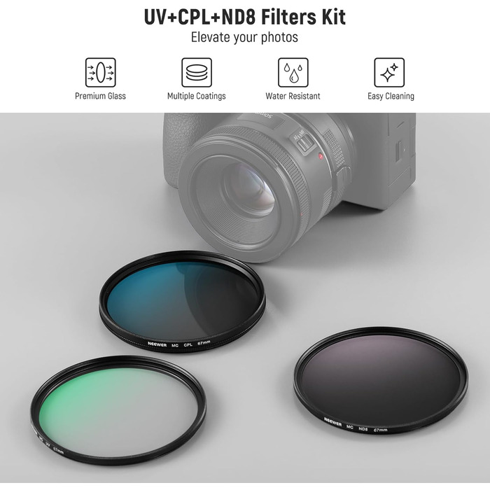 Набір фільтрів для об'єктива камери NEEWER UV/CPL/ND (67mm): захисний, поляризаційний, нейтральний фільтр