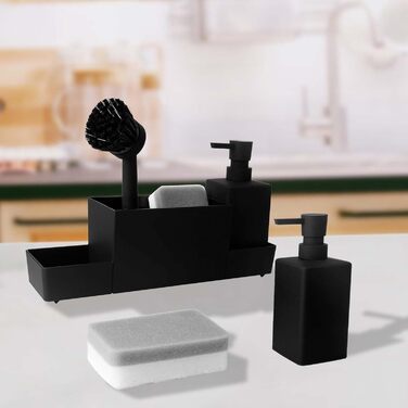 CAUTIOUS 350ML Sink Organizer with Brush, Soap Dispenser Sponge, Kitchen Dish Soap Dispenser Set Made of Plastic, Sink Organizer with Two Soap Dispensers, Kitchen Gadget Organizer (black)