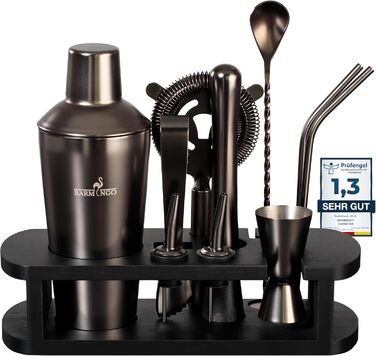 BARMINGO Stainless Steel Cocktail Set - 11 Piece Bar Set with Shaker, Stand & Accessories | Cocktail Shaker Set | Bartender Set | Cocktail Mixing Set | Bar Set | Gift Set | Black Metallic Black