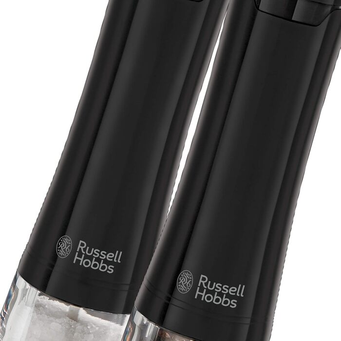 Електричні млини для солі та перцю Russell Hobbs 28010-56, керамічний механізм, чорні, набір 2 шт, для спецій і трав, регульований помел, LED підсвітка