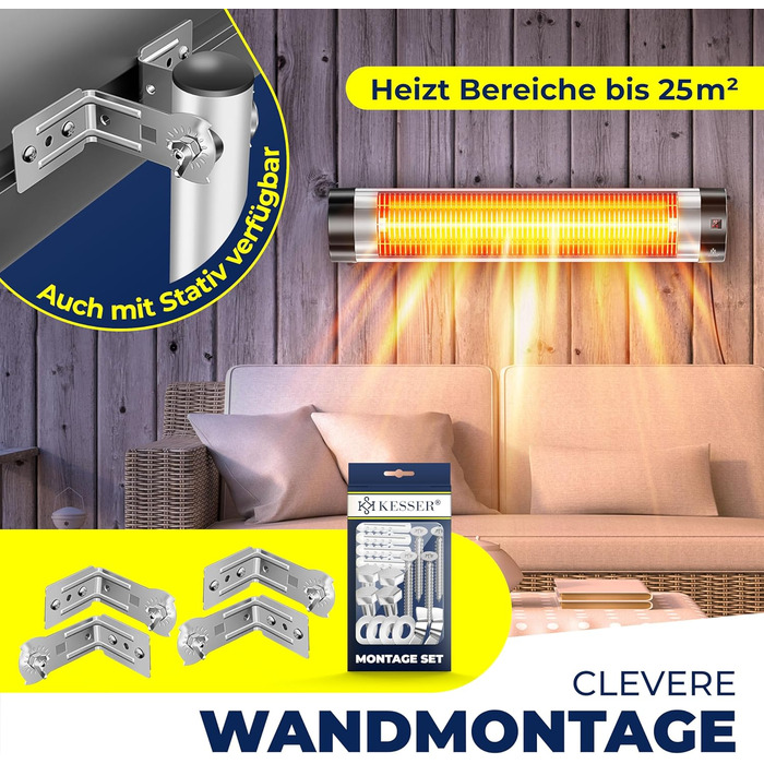 Інфрачервовий обігрівач KESSER® 2500W з пульт дистанційного керування, 3 режими, миттєвий нагрів, кріплення на стіну, для тераси, кварцовий, з захисним чохлом, таймер, антрацит (срібло)
