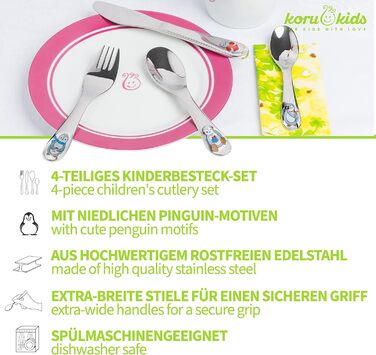 Набір дитячого столового прибору Koru Kids® Kinderbesteck Pinguin (4 шт.) з нержавіючої сталі – столовий прилад для навчання дітей, придатний для миття в посудомийній машині