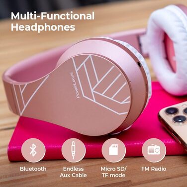 Бездротові навушники PowerLocus Over-Ear з Bluetooth, мікрофоном, складні конструкції, м'які амбушюри, Hi-Fi стерео звук, бас, для дітей/дорослих/TV/PC/Home Office, рожеве золото