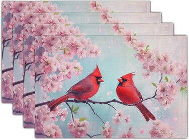 Giwawa Placemats with Spring Birds, 30.5 x 45.7 cm, red bird, cherry blossoms, floral pattern, stain-resistant, heat-resistant, linen, placemats for kitchen, dining table, seasonal party, indoor and