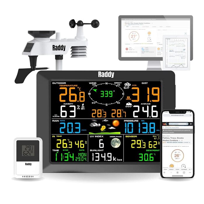 Метеостанція Raddy WF-100C з датчиком температури та вологості, Wi-Fi, 14-в-1: цифровий термометр для дому, офісу, спальні в подарунковій коробці
