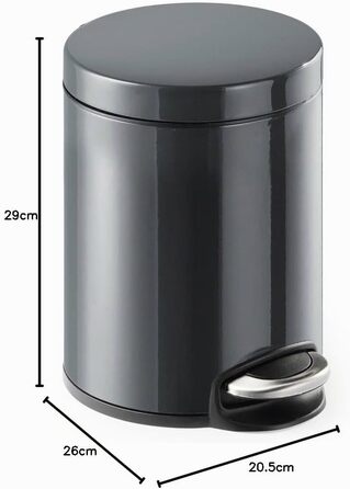 Сміттєвий відер з педаллю Durable 12L, металевий круглий кошик з системою плавного закривання та виймаючим внутрішнім відром, антрацит, 1 шт