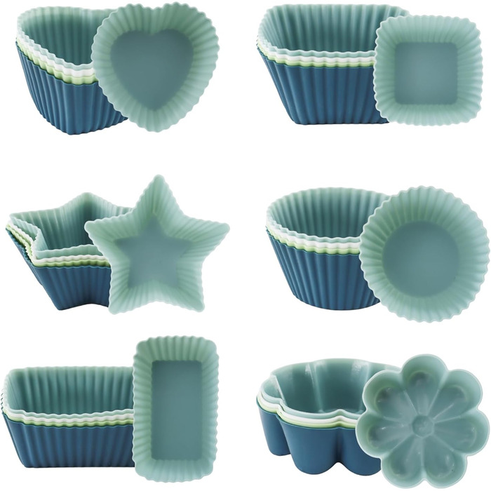 24 Силіконові Формочки для Маффінів, 6 Типів, Багаторазові, Антипригарні, для Випікання, Сумісно з Посудомийною Машиною (4 кольори)