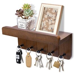 Дерев'яне ключниця з поличкою, ключниця на стіну з 5 гачками, декоративне настінне кріплення для ключів, підходить для прихожей, коридору, кухні, спальні (Темно-коричневий)