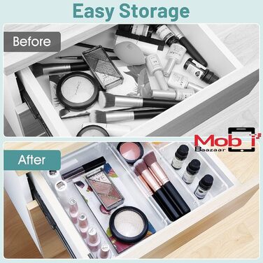 WOWBOX 4-Piece Plastic Drawer Organizer Set, 4 Sizes, Desk Drawer Dividers, Organizer and Storage Containers for Makeup, Jewelry, Bathroom, Office (Transparent, 13)