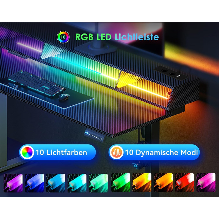 Офісний стіл для геймінгу OffiGo, 140 см, регулювання висоти, RGB LED, розетки, 3 стійкі місця для зберігання, тримач для напоїв та навушників, стільниця з карбонової поверхні (білий/чорний)