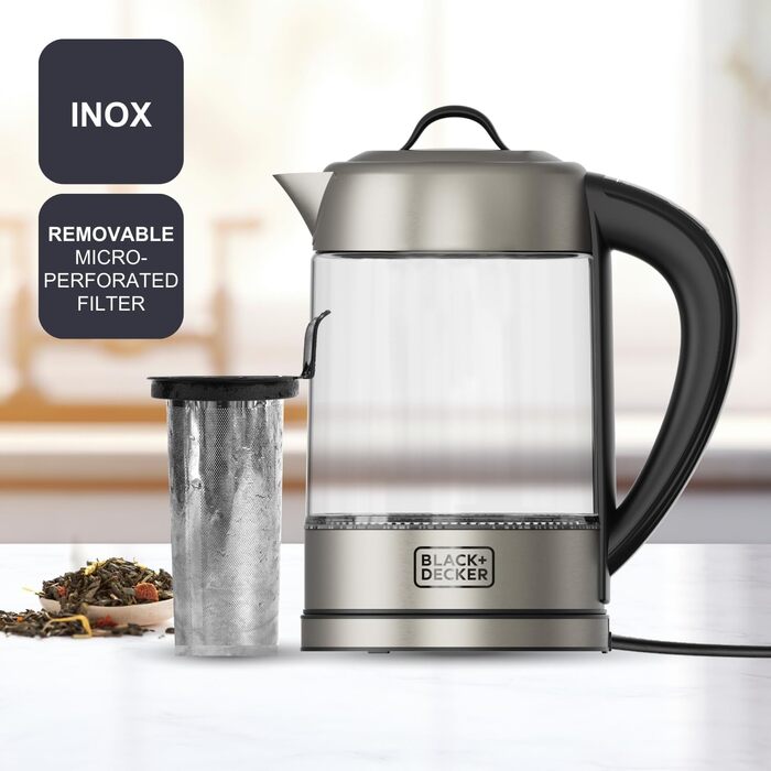Електричний чайник BLACK+DECKER BXKE2202E, 1.2L, 2200W, 360° обертання, для лівшів, з автовимкненням, скляний