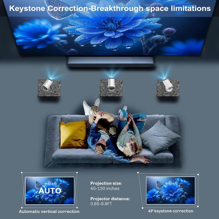 Міні-проектор Video-Beamer 4K/1080p Full HD з WiFi 6, BT5.2 та автоматичною корекцією трапецеїдальних спотворень. Сумісний з Android, Netflix, HDMI, USB, PS5. Ідеальний для домашнього кінотеатру.