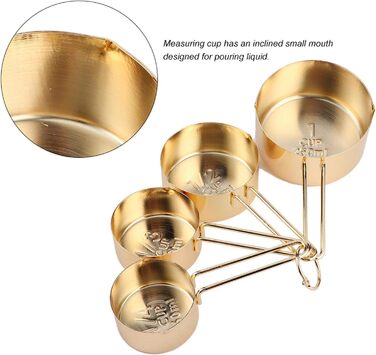 WAAZI 8-Piece Measuring Cup and Spoon Set, Stainless Steel Measuring Spoons with Buckle, Kitchen Baking Accessories for Milk-Tea Shops, Bars, Cafés, Kitchen Utensils (Color: Gold)