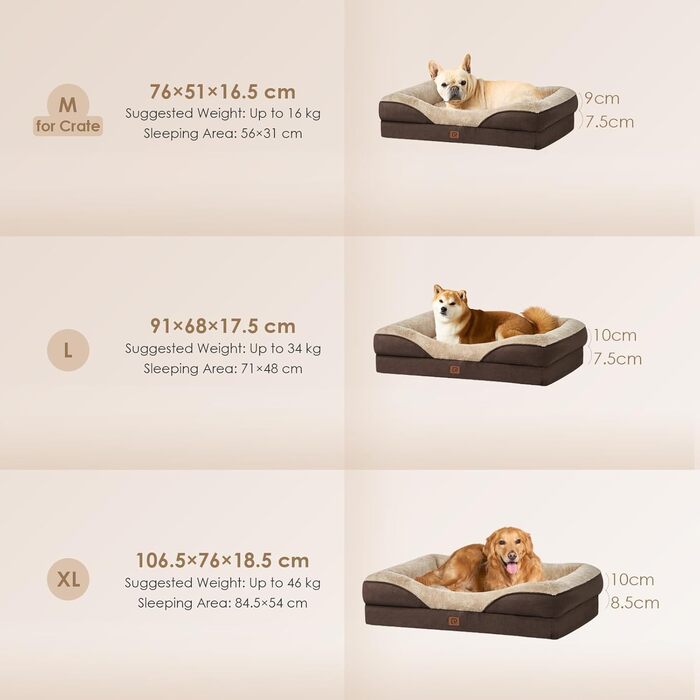Orthopedic Dog Bed for Large Dogs, Memory Foam, Washable and Waterproof Dog Basket with 4 Sides, Dog Sofa/Dog Couch, Non-Slip, 106.5x76x18.5 cm (91 x 68 x 17.5 cm (L x W x H), Brown)