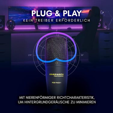 Мarantz Professional MPM-1000U - USB Конденсаторний мікрофон з великою мембраною та нирковою характеристикою для подкастів, студії, геймінгу. Комплект Pod Pack 1