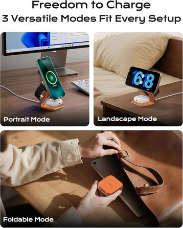 Бездротова зарядна станція KU XIU X40 Turbo Qi2.2 25W 3-в-1 для iPhone 17/16/15/14/13/12, Apple Watch та AirPods, алюмінієва, з адаптером GaN 45W (Космічний Помаранчевий)