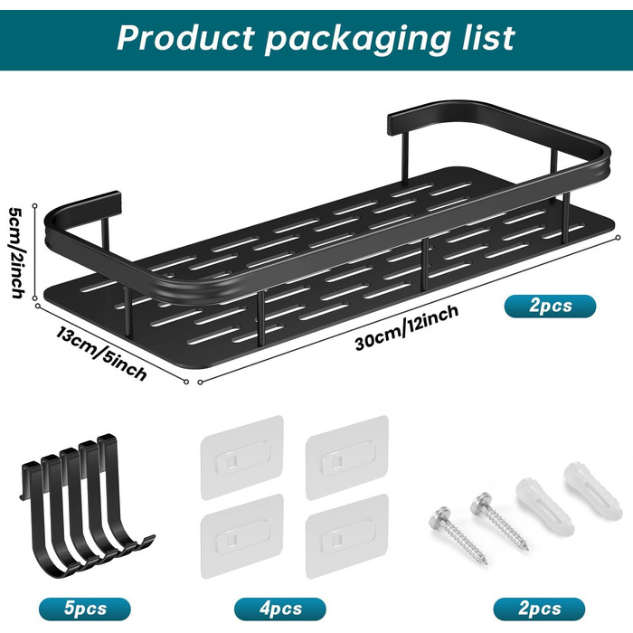 Полиця для душу без свердління, органайзер для ванної кімнати, 2 шт. корзини та полиці для душу, полиця для ванної кімнати з нержавіючої сталі, аксесуари для ванної кімнати, тримач для шампуню для душу з 4 клейкими поверхнями, чорний (алюміній)