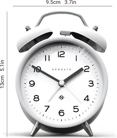 NEWGATE ® Charlie Bell Echo Alarm – Small Modern Nightstand Alarm Clock – Bedroom Accessory – Alarm Clock – Desk Accessory – Nightstand Clock – Arabic Numerals (White)