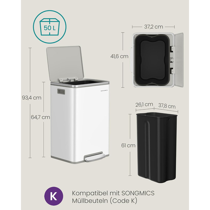Відро для сміття SONGMICS 50 л, нержавіюча сталь, знімний внутрішній відро, Soft-Close, білий (LTB595E01)