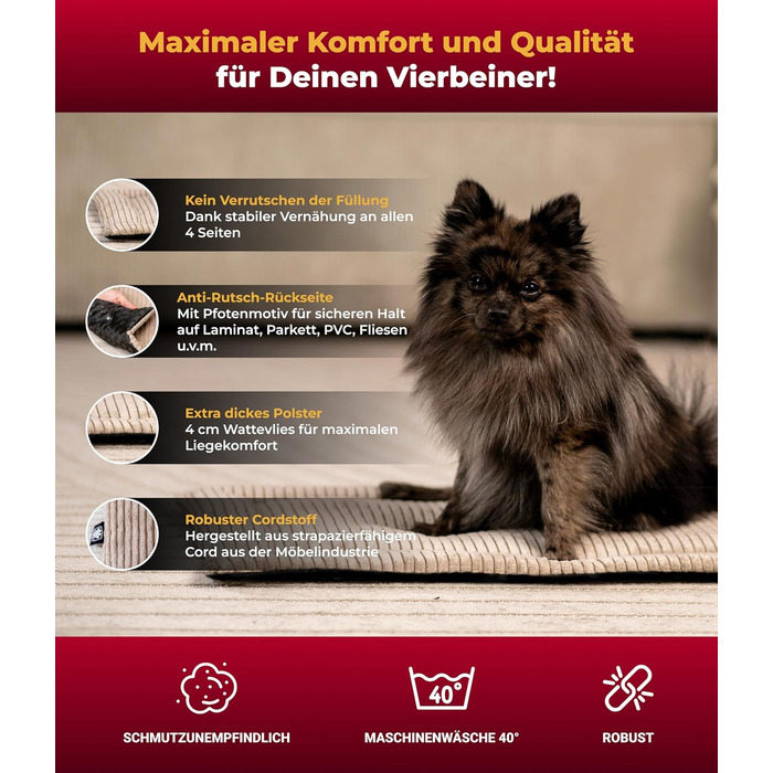 Килимок для собак з підкладкою від ковзання, XS – М'який та затишний лежак для собак – Виготовлено в Німеччині (Бежевий, 55x75 см)