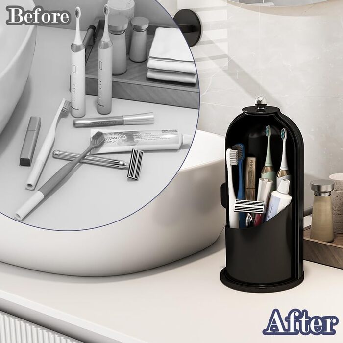 Dustproof Toothbrush Holder with Cover, Rotating Holder for Electric Toothbrush and Toothpaste for Bathroom Countertop, 3 Compartments, Makeup Brush Organizer, Completely Black