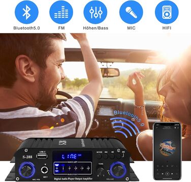 HiFi підсилювач S-288 600Вт, міні Bluetooth стерео аудіо ресивер, 12В/220В, 4 канали, цифровий підсилювач із LCD-дисплеєм, FM-радіо, Bluetooth, USB-вхід, для дому або авто